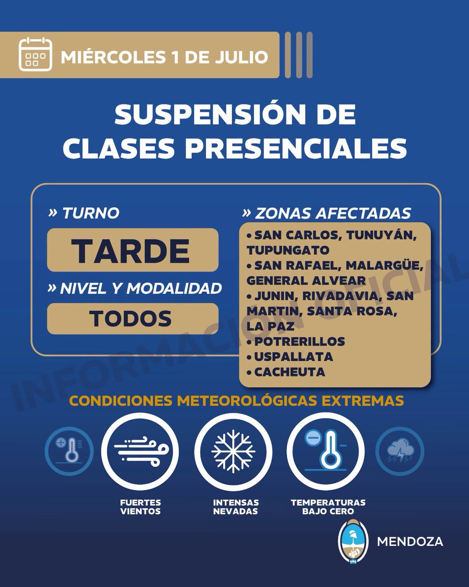 #URGENTE | SE SUSPENDEN LAS CLASES PARA EL TURNO TARDE EN MENDOZA.